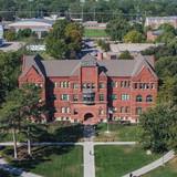 Aerial view of the Old Main building and surrounding area.